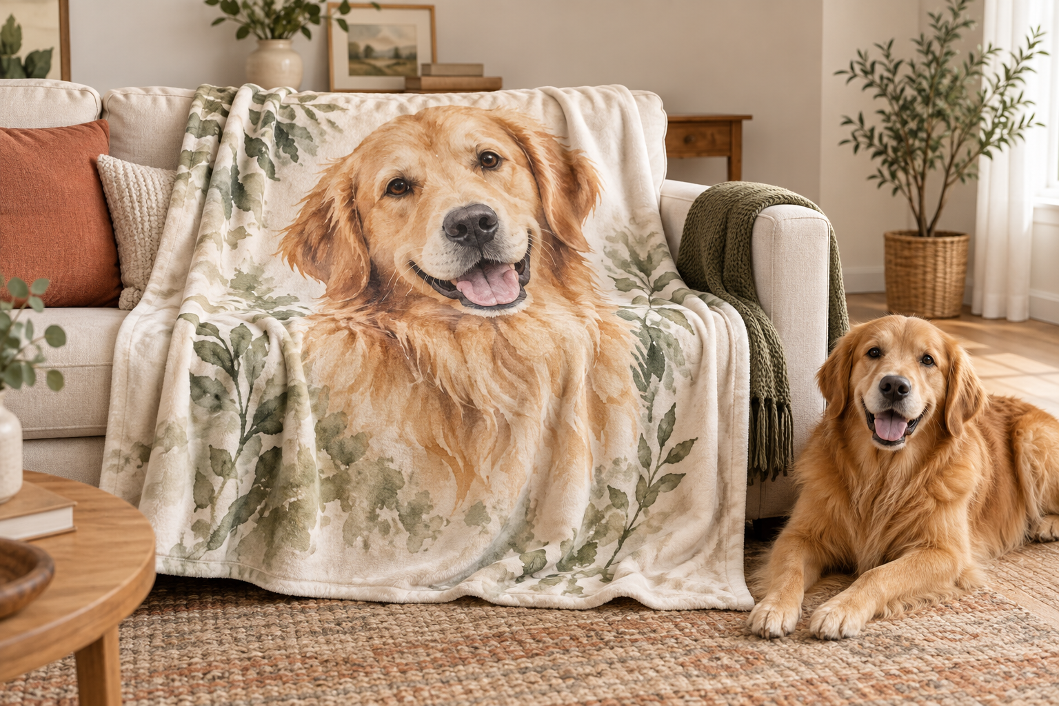 Illustrative concept of a plush throw with a golden retriever portrait on a cozy sofa